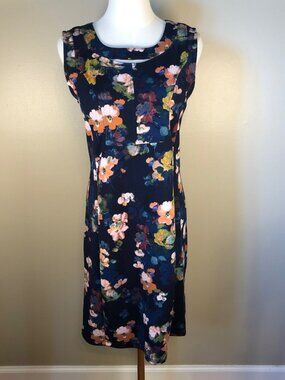 Nina Leonard Navy Multicolor Floral Sleeveless Sheath Dress Size L